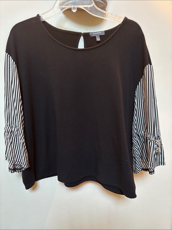 Madison Tops - Madison Black Top with Black and White Striped Sleeves